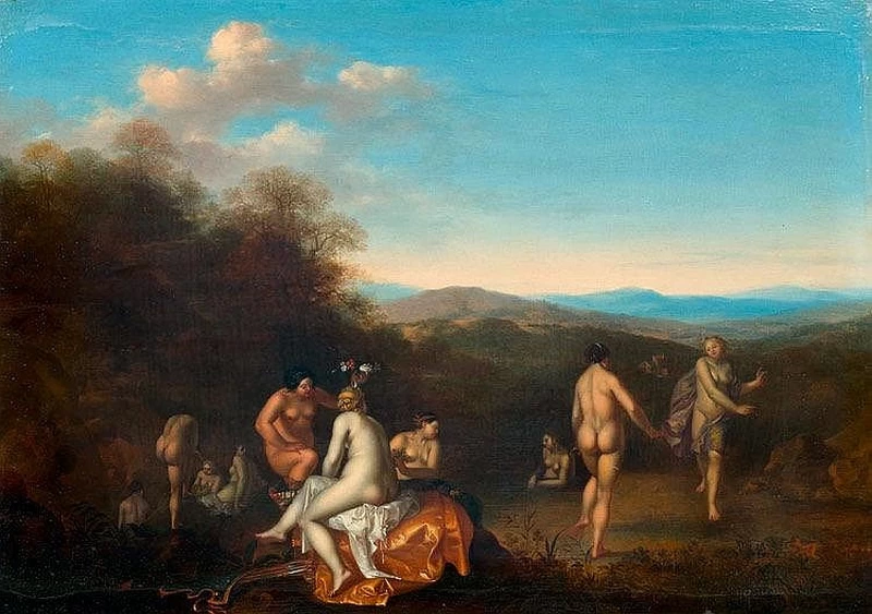 Diana e le ninfe che fanno il bagno e danzano in un paesaggio meridionale